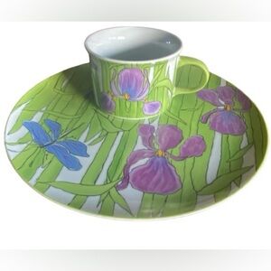 Franci Villa Vanilla Palm Beach 11” Dinner Plate Purple Iris Dragonflies & Mug